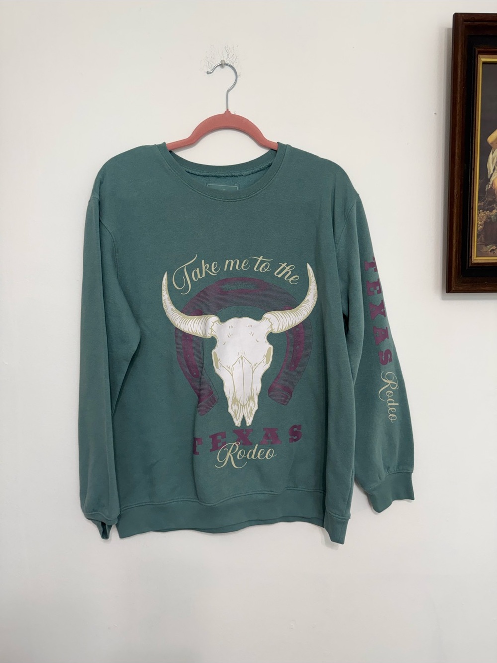 Green Crewneck Sweater with Rodeo Skull Graphic